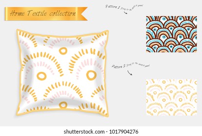 Interior design textile patterns. Realistic satin decorative pillow mock up with seamless pattern isolated on white. Two hand drawn seamless patterns with rough texture.