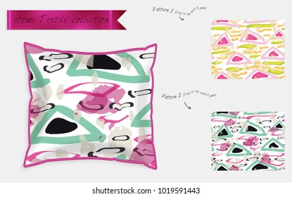 Interior design textile patterns. Realistic satin decorative pillow mock up with seamless pattern isolated on white. Two hand drawn seamless patterns with rough texture.