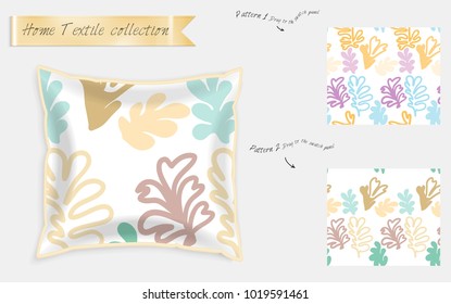 Interior design textile patterns. Realistic satin decorative pillow mock up with seamless pattern isolated on white. Two hand drawn seamless patterns with rough texture.