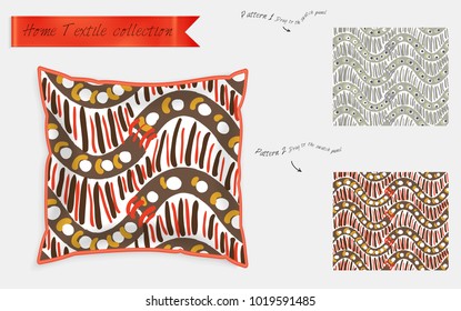Interior design textile patterns. Realistic satin decorative pillow mock up with seamless pattern isolated on white. Two hand drawn seamless patterns with rough texture.