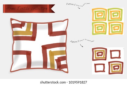 Interior design textile patterns. Realistic satin decorative pillow mock up with seamless pattern isolated on white. Two hand drawn seamless patterns with rough texture.