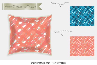 Patrones textiles de diseño de interiores. Maqueta decorativa realista de la almohada del satén con el modelo inconsútil aislado en blanco. Dos patrones sin costuras dibujados a mano con textura áspera.