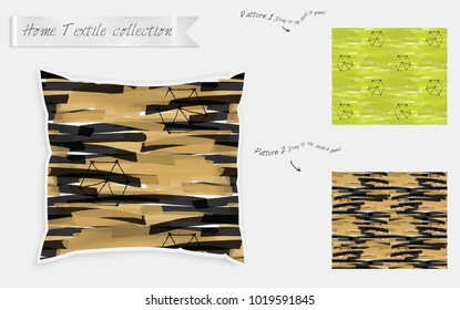 Interior design textile patterns. Realistic satin decorative pillow mock up with seamless pattern isolated on white. Two hand drawn seamless patterns with rough texture.