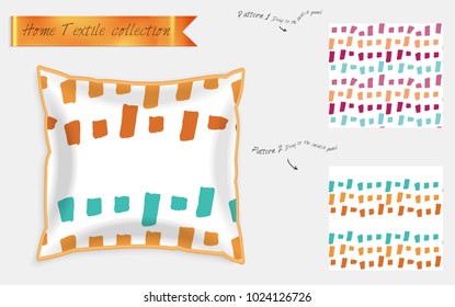 Interior design textile patterns. Realistic satin decorative pillow mock up with seamless pattern isolated on white. Two hand drawn seamless patterns with rough texture.