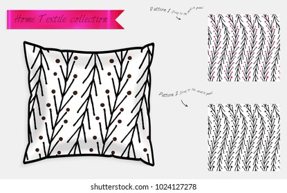 Interior design textile patterns. Realistic satin decorative pillow mock up with seamless pattern isolated on white. Two hand drawn seamless patterns with rough texture.
