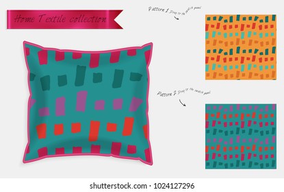 Interior design textile patterns. Realistic satin decorative pillow mock up with seamless pattern isolated on white. Two hand drawn seamless patterns with rough texture.