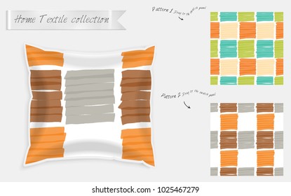 Interior design textile patterns. Realistic satin decorative pillow mock up with seamless pattern isolated on white. Two hand drawn seamless patterns with rough texture.