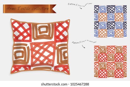 Interior design textile patterns. Realistic satin decorative pillow mock up with seamless pattern isolated on white. Two hand drawn seamless patterns with rough texture.