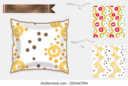 Interior design textile patterns. Realistic satin decorative pillow mock up with seamless pattern isolated on white. Two hand drawn seamless patterns with rough texture.