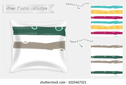 Interior design textile patterns. Realistic satin decorative pillow mock up with seamless pattern isolated on white. Two hand drawn seamless patterns with rough texture.