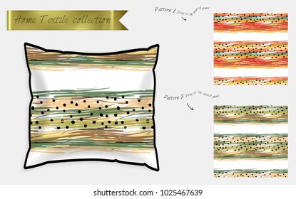 Diseño interior de patrones textiles. La almohada decorativa de satén realista se burla de un patrón sin fisuras aislado en blanco. Dos patrones sin fisuras dibujados a mano con textura áspera.