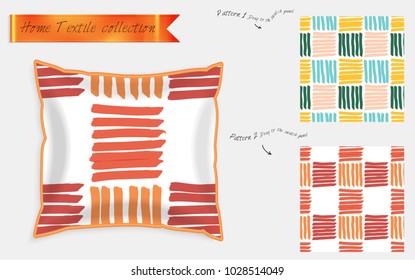 Interior design textile patterns. Realistic satin decorative pillow mock up with seamless pattern isolated on white. Two hand drawn seamless patterns with rough texture.
