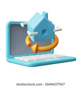 Interior design three-dimensional computer technologies. 3D cartoon plastic style vector illustration. 3D home and laptop. Render house architect developer service. Real estate creative business