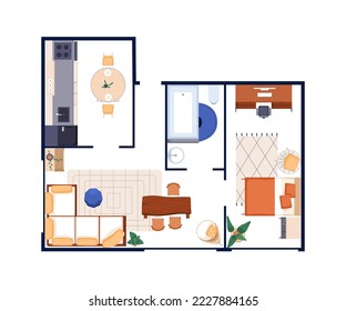 Interior design top view. Apartment floor plan overhead. Home floorplan layout with furniture. House with kitchen, bathroom, bedroom, living room. Flat vector illustration isolated on white background