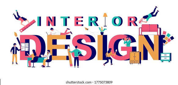 Innendesign Typografie Vektorbanner Vorlage. Bequeme Menschen winzige männliche und weibliche Charaktere planen Inneneinrichtung und Einrichtung. Möbelanordnung, Dienstleistungen von Innenausstattungsstudios
