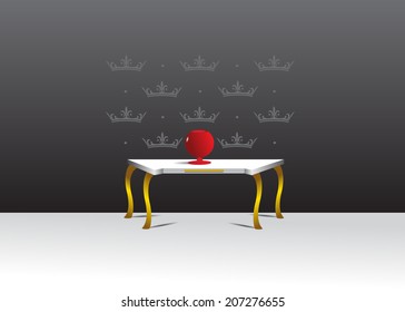 interior design. Unusual table with a red vase against wall-paper with crowns.