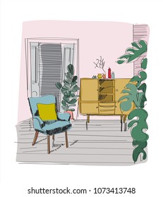 interior design vector illustration. furniture of living room. hand drawn chair and sideboard and pot plant.