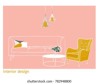 Interior Design Vector Illustration. Furniture Art Drawing. Trendy Modern Contemporary Style. Hand Drawn. Sketch. Pink Yellow Armchair Sofa. 