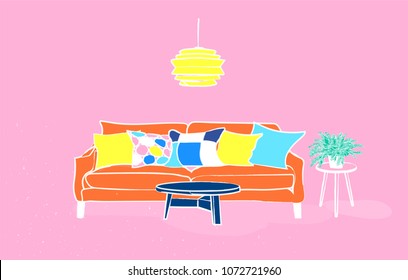 Interior Design Vector Illustration. Hand Drawn Furniture. Pop Art Style Living Room Illustration. 