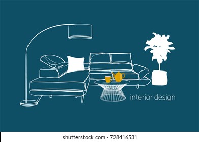 interior design vector illustration. hand drawn sketch. living room furniture. 