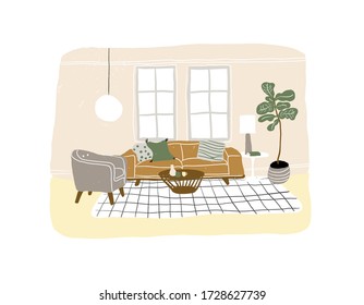 interior design vector illustration. living room hand drawn furniture.