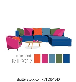 interior design vector illustration. living room furniture. color palette 2017. 