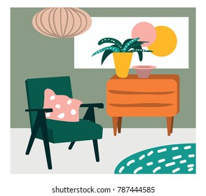 interior design vector illustration. living room furniture. home house decor decoration. mid century modern style. armchair plant lamp sideboard. Gouache painting. Cute drawing
