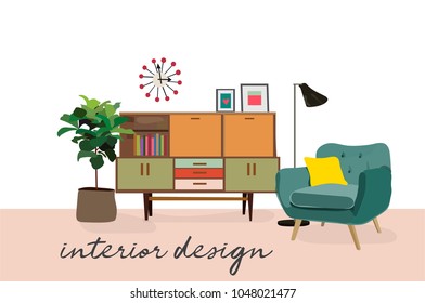 Interior Design Vector Illustration. Mid Century Modern Furniture Design. Living Room Retro  Vintage 1950 1960 Style.