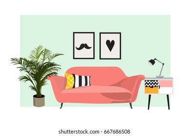 interior design vector illustration. modern living room. trendy contemporary style. geometric pattern.sofa. 