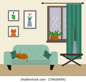 Interior design vector. Sofa and table with vase. The interior of the living room. Flat illustration.