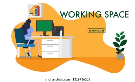 Interior design view of the office area with a woman working on her desk with laptop in light orange warm color tone