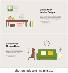 Interior Design Web Banner. Living room flat color vector illustration.