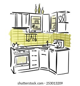 Interior design of the white kitchen and green tiles. Hand drawn sketch.