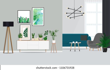 Interior design of a white living room with botanical posters and a sofa, indoor plants. Vector Flat illustration.