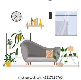 Interior design of a white living room with posters and a sofa, indoor plants. Vector flat illustration.