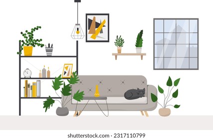 Interior design of a white living room with posters and a sofa,cat, indoor plants. Vector flat illustration.