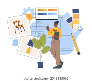 Interior design woman. Young girl chooses color of chair for apartment. Freelancer and remote worker. Interior designer selects furniture. Flat vector illustration isolated on white background