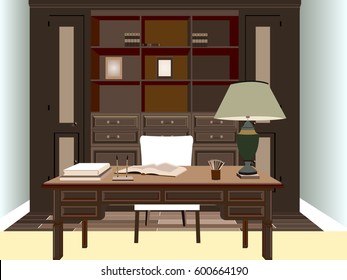 Interior design of a Work Space old style. Workplace of office worker. On the picture the desktop, a chair, folders, lamp, pencils, books and other object.