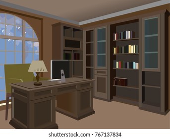 Interior design of a Work Space old style. Workplace of office worker. On the picture the desktop, a chair, folders, lamp, books and other object.