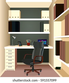 Interior design of a Work Space. Workplace of office worker. On the picture the desktop, a chairs, the computer, folders, a lamp and other objects.