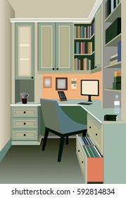 Interior design of a Work Space. Workplace of office worker. On the picture the desktop, a chairs, the computer, folders and other objects.