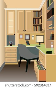 Interior design of a Work Space. Workplace of office worker. On the picture the desktop, a chairs, the computer, folders and other objects.