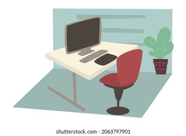 Interior design of working space, home or office place. Table with laptop or personal computer, comfortable chair and decorative plant in pot. Furniture and decoration set. Vector in flat style
