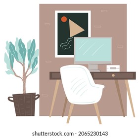 Diseño interior de espacio de trabajo, oficina o casa para freelance. Muebles y decoraciones, gadgets para completar tareas y asignaciones. Portátil e imagen en la pared. Vector de estilo plano