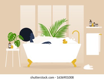 Interior design, Young black female character washing in a clawfoot vintage bathtub full of soap foam, relaxation and body treatment