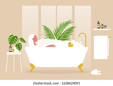 Interior design, Young female character washing in a clawfoot vintage bathtub full of soap foam, relaxation and body treatment