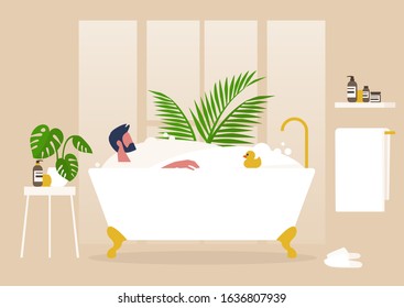 Interior design, Young male character washing in a clawfoot vintage bathtub full of soap foam, relaxation and body treatment