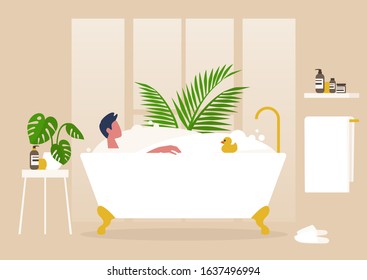 Interior design, Young male character washing in a clawfoot vintage bathtub full of soap foam, relaxation and body treatment