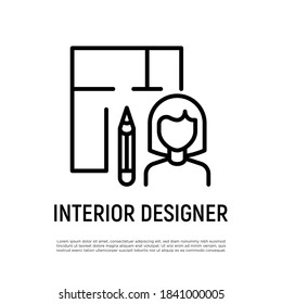 Diseñador interior, icono de línea delgada del arquitecto. Mujer con plan de casa. Ilustración vectorial.