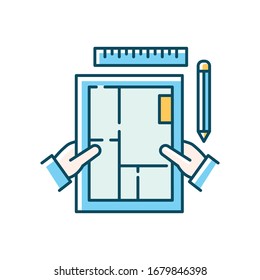 Interior designer blue RGB color icon. Freelance architect, decorator. Engineering, construction planning. Premises design, apartment architectural plan. Isolated vector illustration